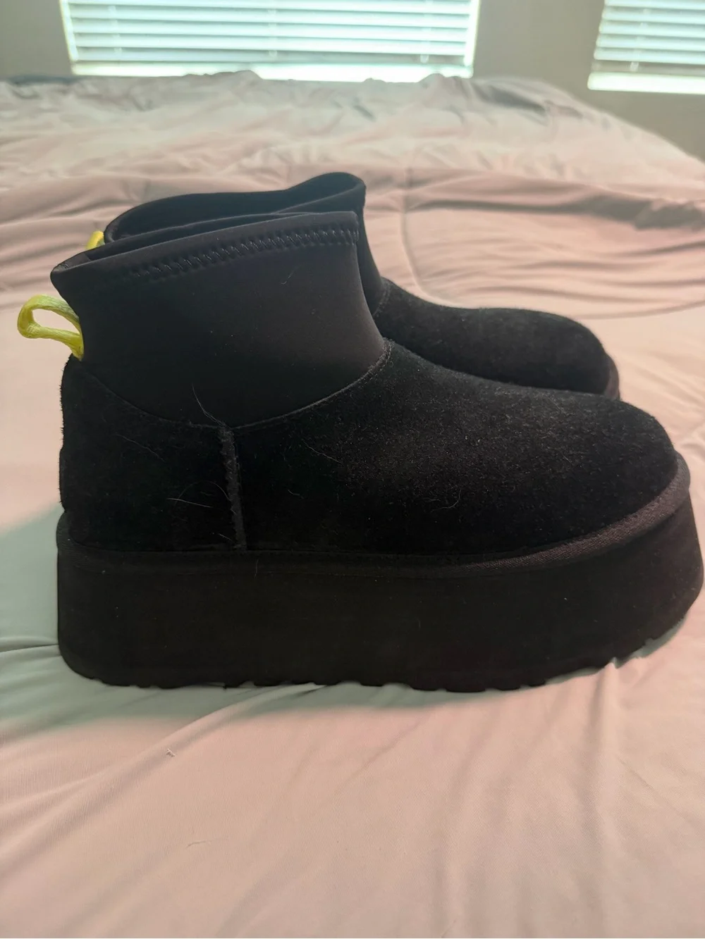 UGG Black Suede Ankle Boots with Yellow Pull Tabs